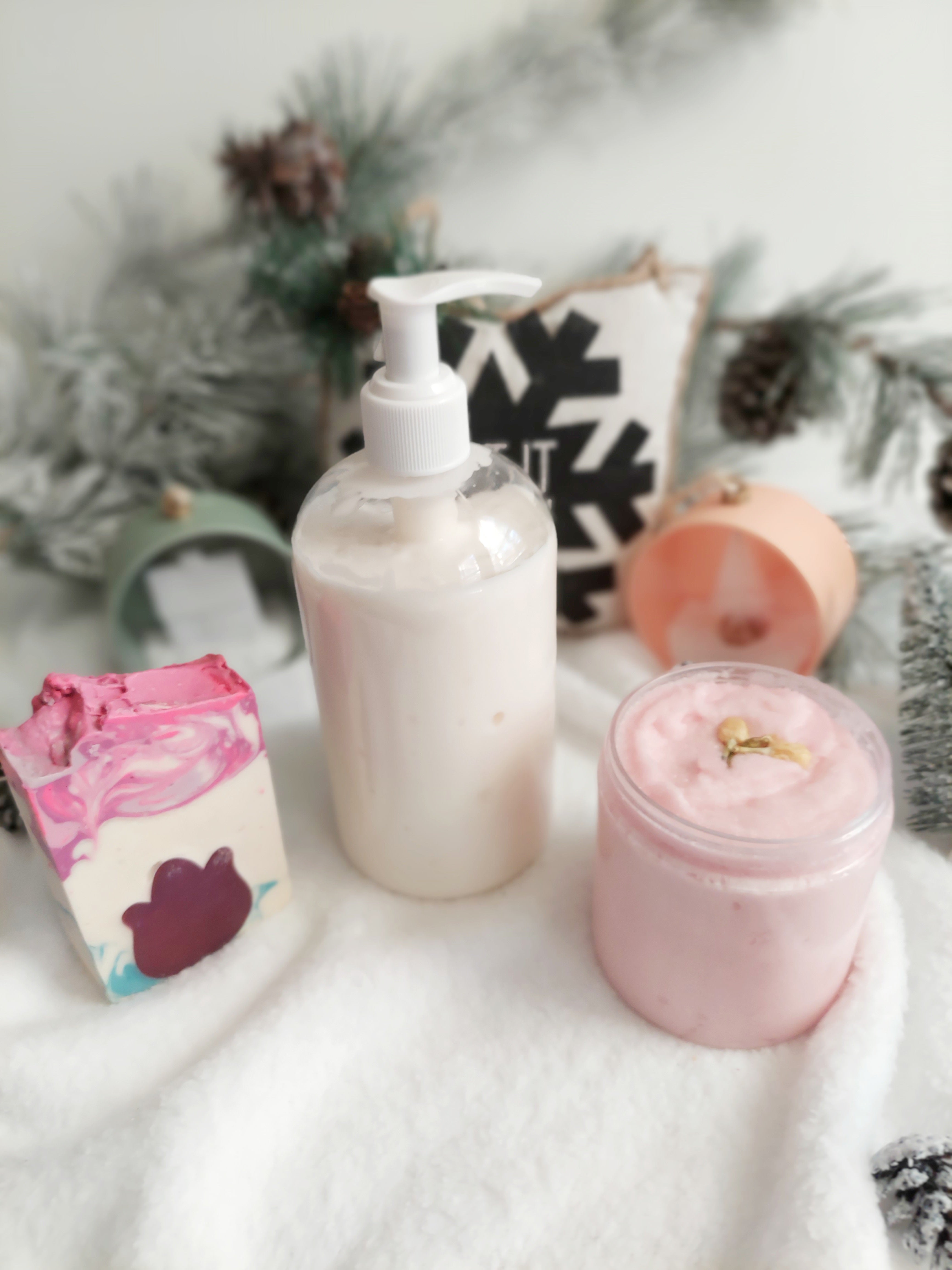 Skin Loving Bundle Gift Set- vegan soap, lotion, sugar scrub and body oil - wrapped and ready for gifting