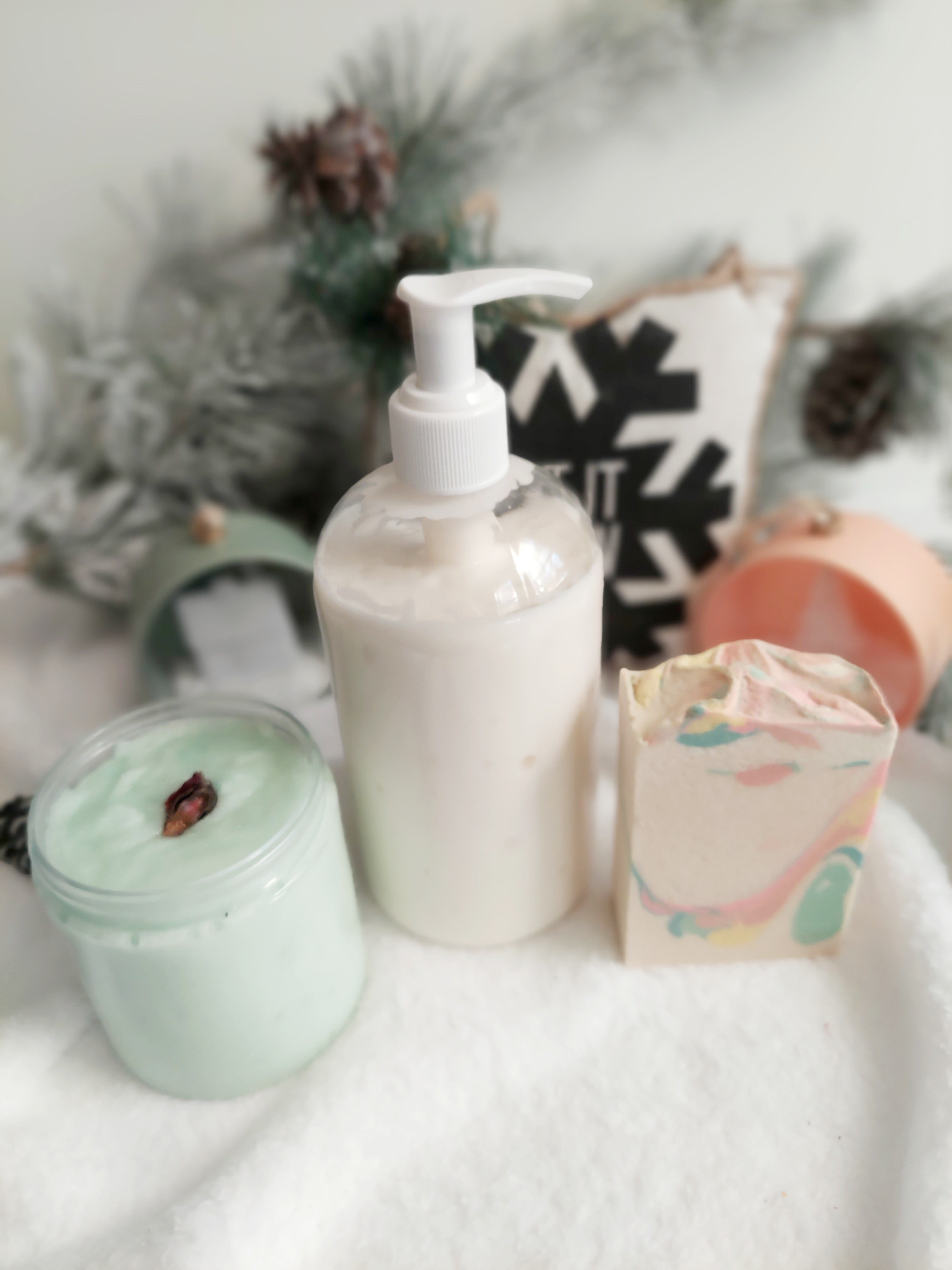 Skin Loving Bundle Gift Set- vegan soap, lotion, sugar scrub and body oil - wrapped and ready for gifting