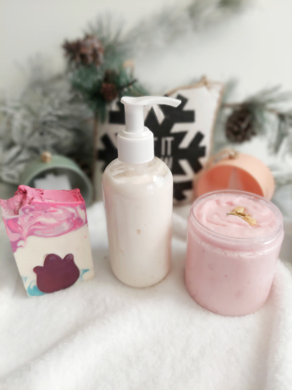 Skin Loving Bundle Gift Set- vegan soap, lotion, sugar scrub and body oil - wrapped and ready for gifting