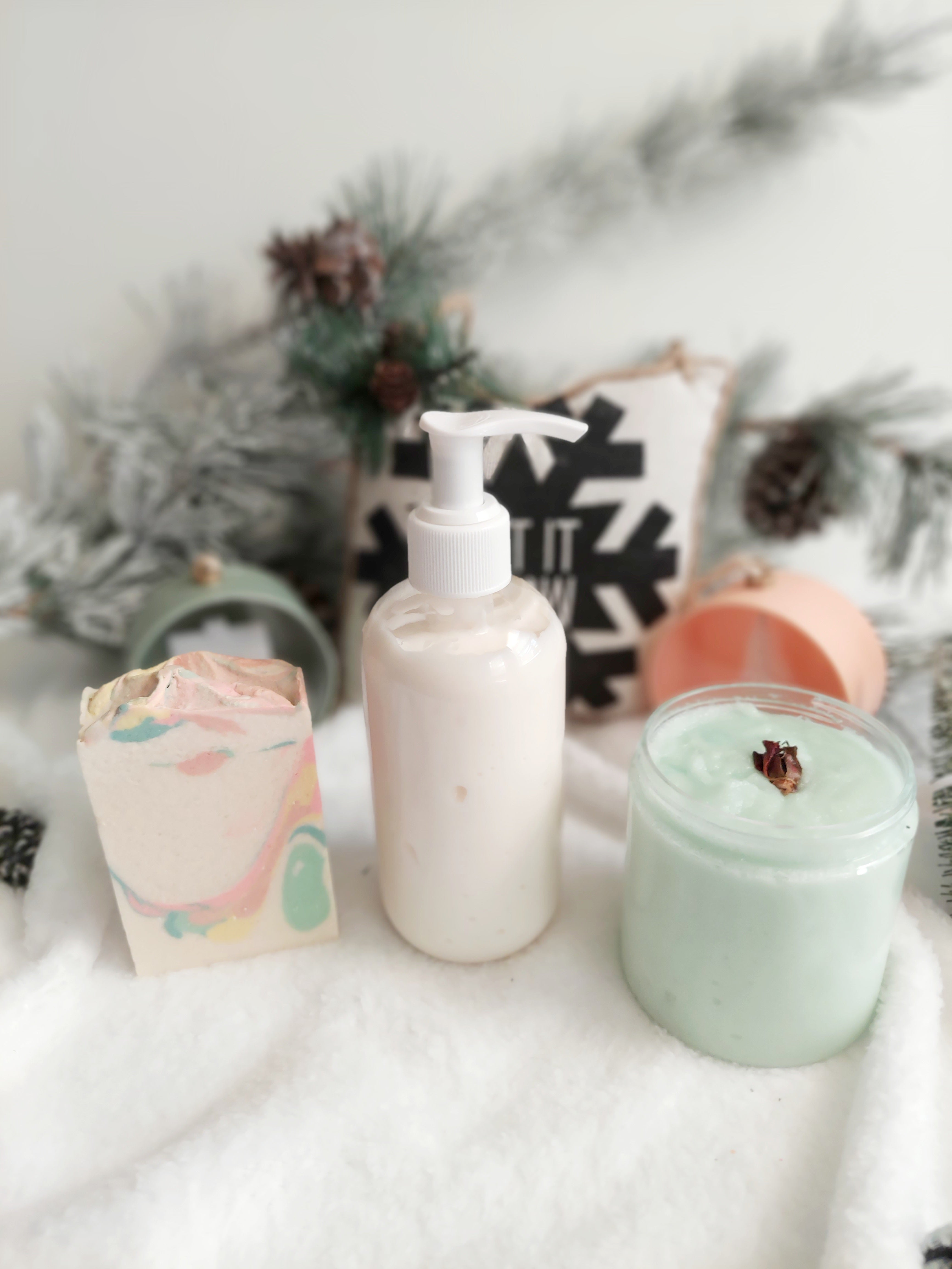 Skin Loving Bundle Gift Set- vegan soap, lotion, sugar scrub and body oil - wrapped and ready for gifting