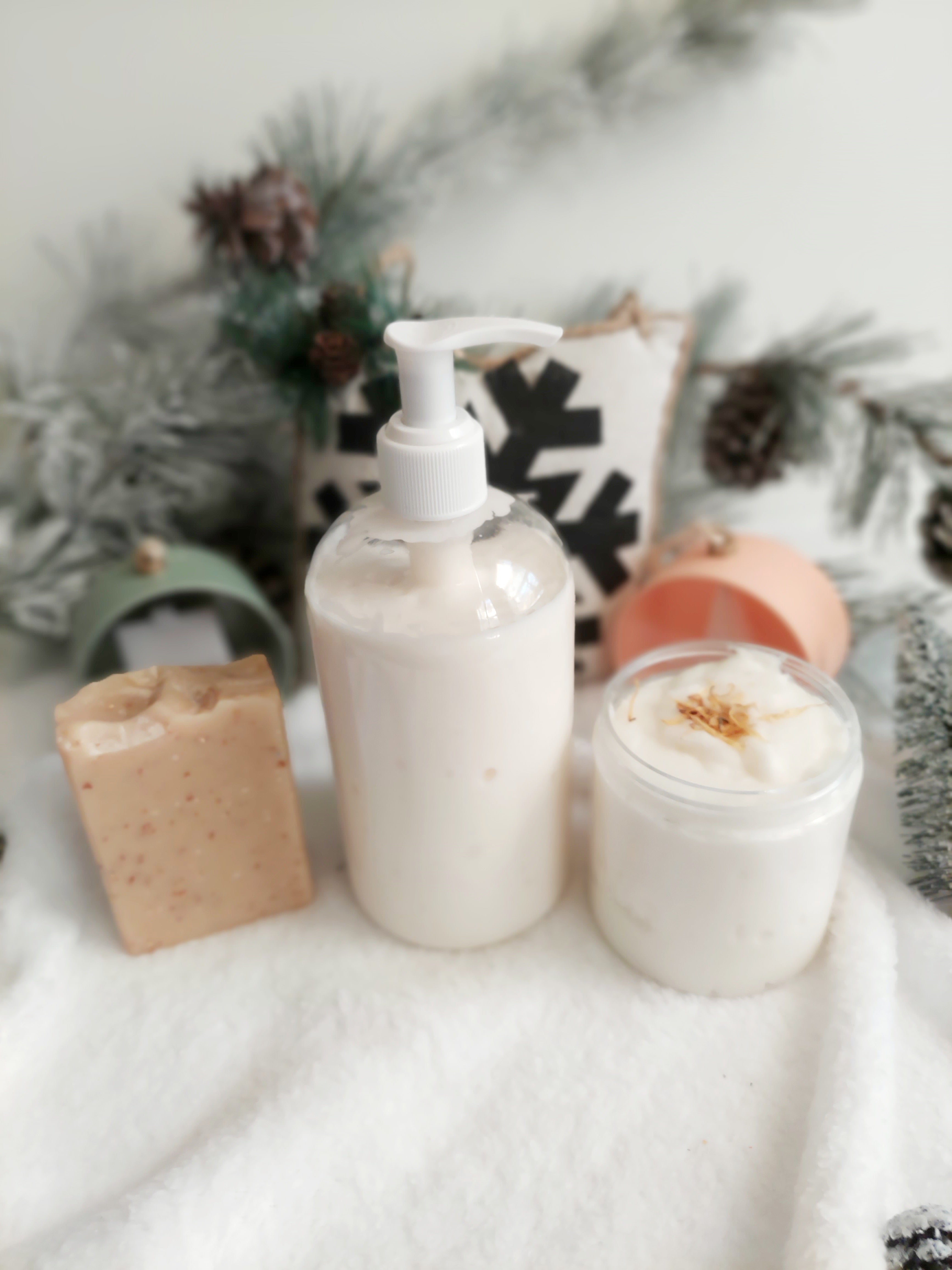 Skin Loving Bundle Gift Set- vegan soap, lotion, sugar scrub and body oil - wrapped and ready for gifting