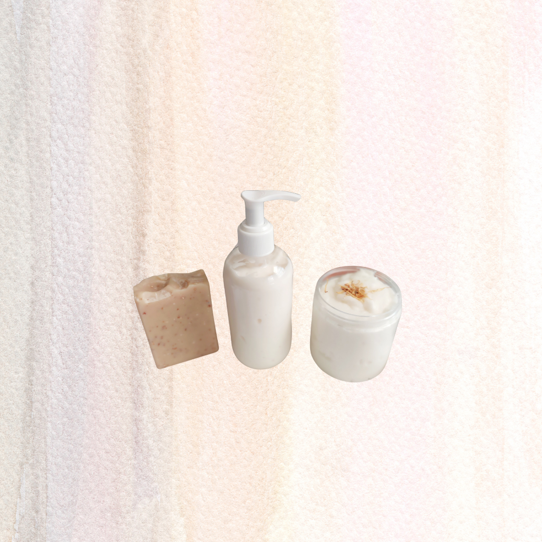 Skin Loving Bundle Gift Set- vegan soap, lotion, sugar scrub and body oil - wrapped and ready for gifting