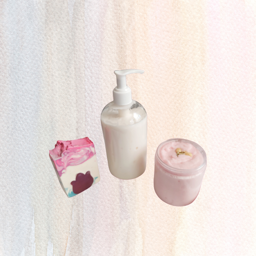 Skin Loving Bundle Gift Set- vegan soap, lotion, sugar scrub and body oil - wrapped and ready for gifting
